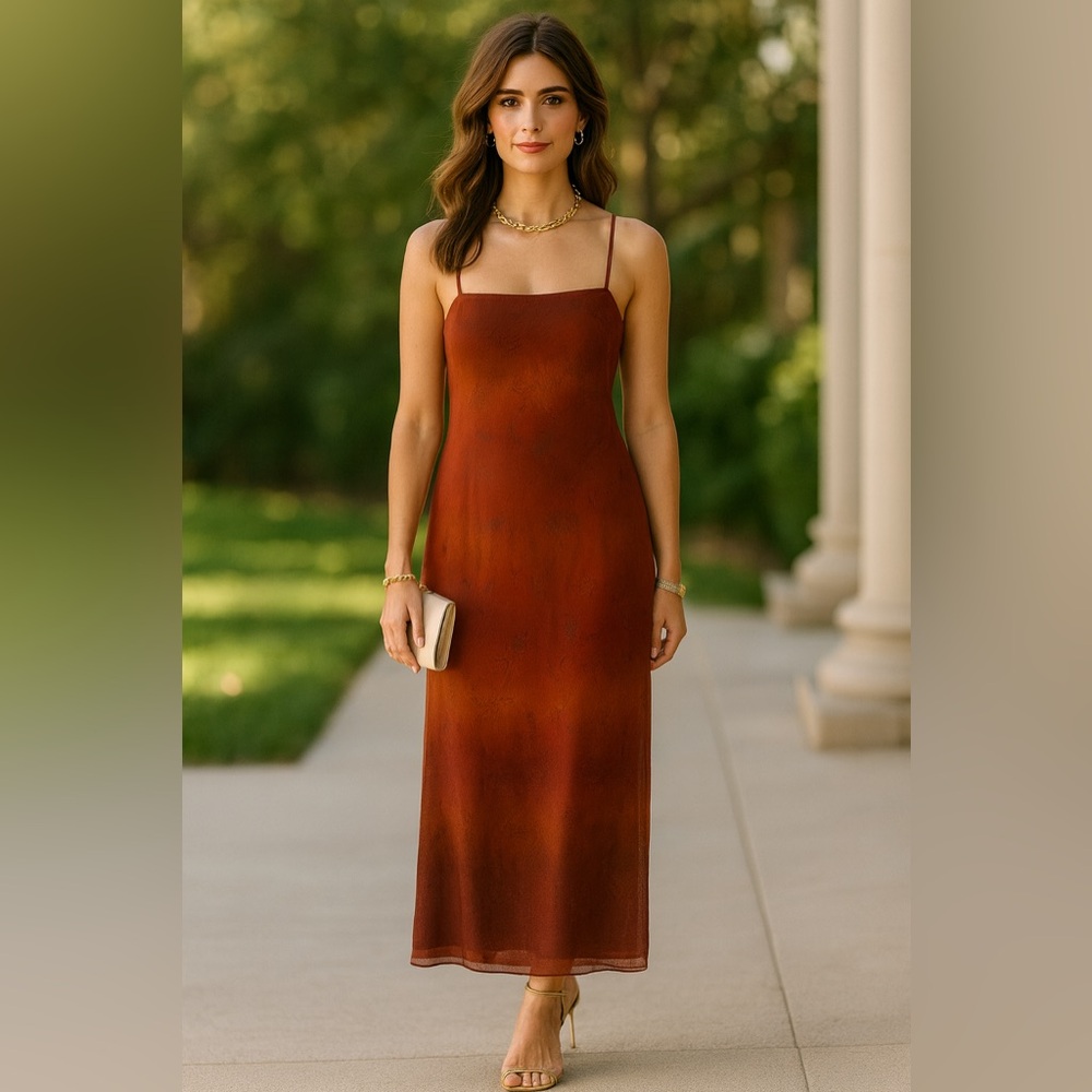 Y2K Ombre Chiffon Maxi Dress Rust Brown Slip Style Criss Cross Back S